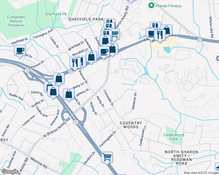 map of restaurants, bars, coffee shops, grocery stores, and more near 4700 Wildleaf Court in Charlotte