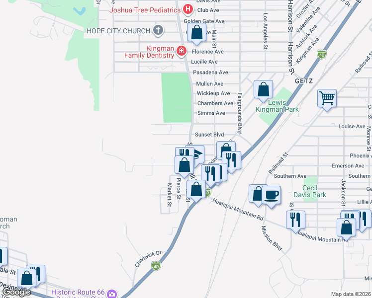 map of restaurants, bars, coffee shops, grocery stores, and more near 1714 Arlington Street in Kingman