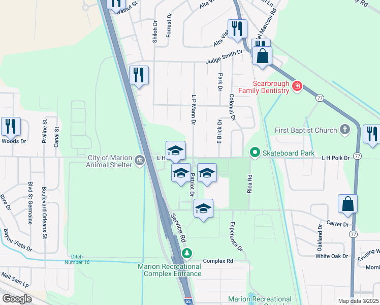 map of restaurants, bars, coffee shops, grocery stores, and more near 484 L P Mann Drive in Marion