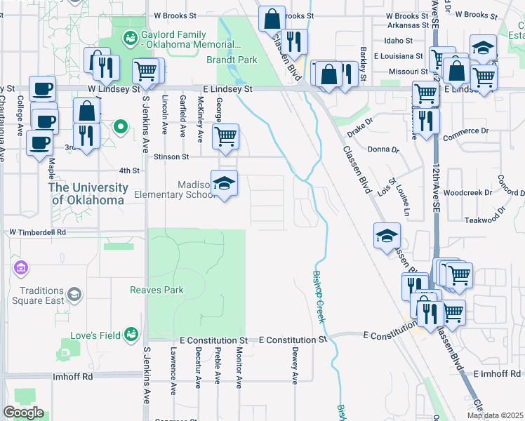 map of restaurants, bars, coffee shops, grocery stores, and more near 506 Inwood Drive in Norman