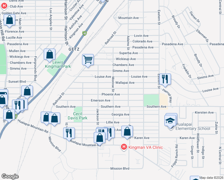 map of restaurants, bars, coffee shops, grocery stores, and more near 2603 Phoenix Avenue in Kingman
