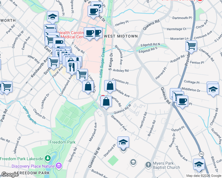 map of restaurants, bars, coffee shops, grocery stores, and more near 1311 South Kings Drive in Charlotte