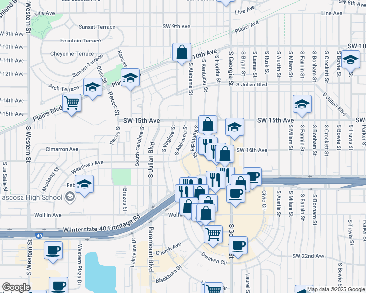 map of restaurants, bars, coffee shops, grocery stores, and more near 1539 South Alabama Street in Amarillo