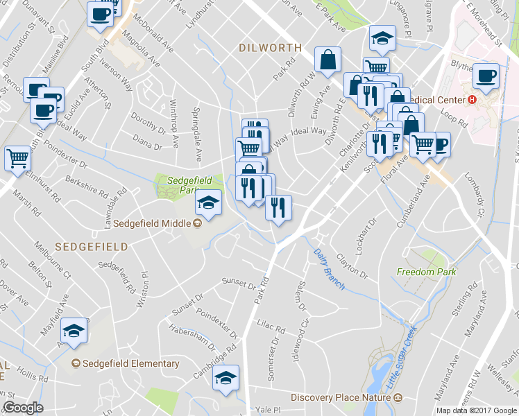 map of restaurants, bars, coffee shops, grocery stores, and more near 2418 Park Road in Charlotte