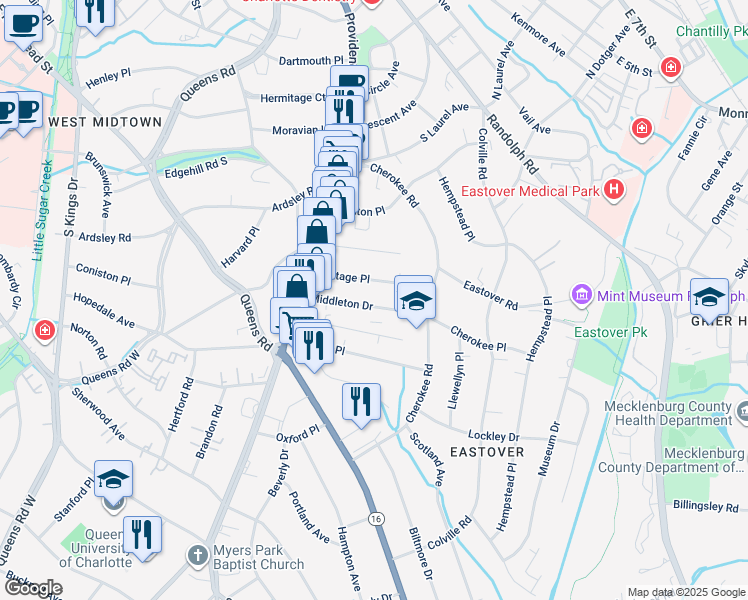 map of restaurants, bars, coffee shops, grocery stores, and more near 216 Middleton Drive in Charlotte