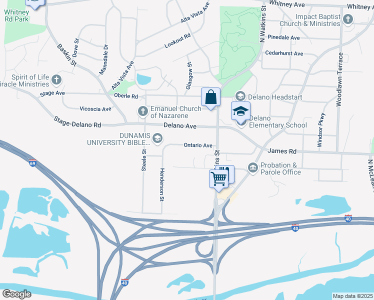 map of restaurants, bars, coffee shops, grocery stores, and more near 1601 Ontario Avenue in Memphis
