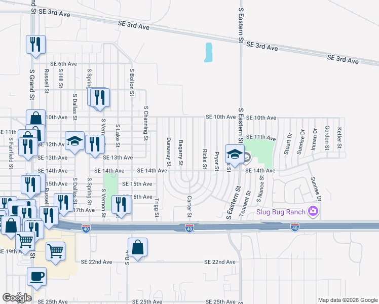 map of restaurants, bars, coffee shops, grocery stores, and more near 1037 Bagarry Street in Amarillo