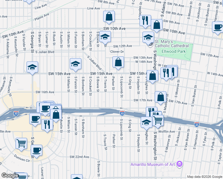 map of restaurants, bars, coffee shops, grocery stores, and more near 1401-1499 Southwest 16th Avenue in Amarillo