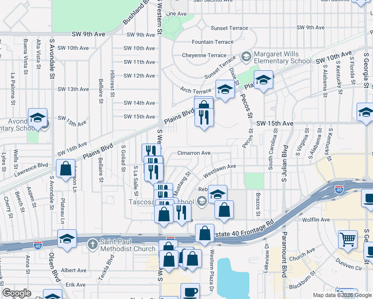 map of restaurants, bars, coffee shops, grocery stores, and more near 4101 Cimarron Avenue in Amarillo