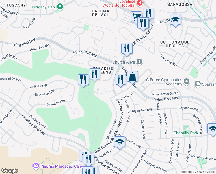 map of restaurants, bars, coffee shops, grocery stores, and more near 4707 Country Club Lane Northwest in Albuquerque