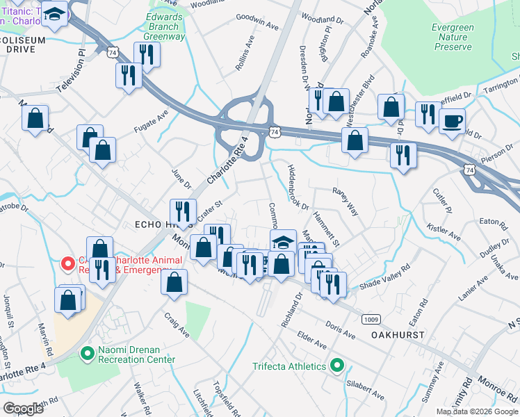 map of restaurants, bars, coffee shops, grocery stores, and more near 2625 Millie Lane in Charlotte