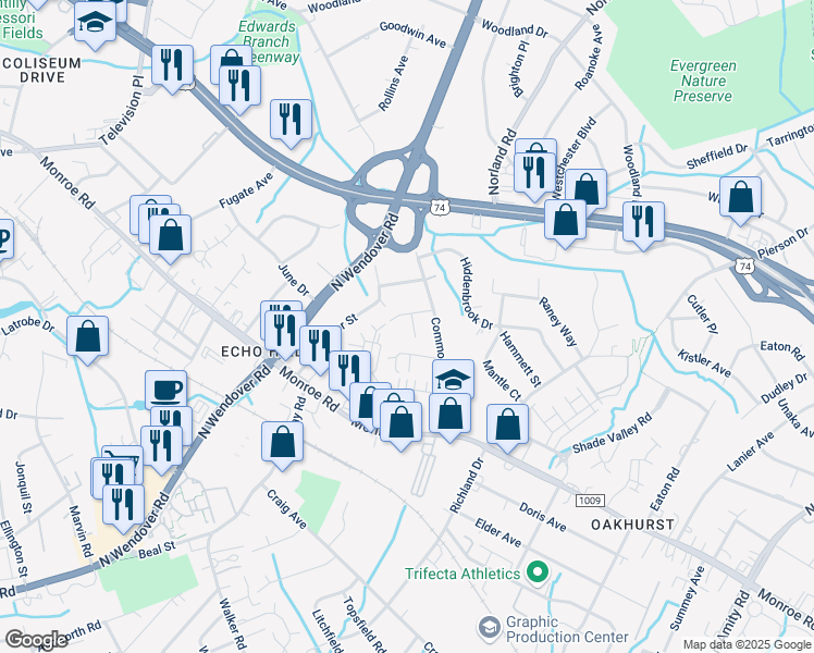 map of restaurants, bars, coffee shops, grocery stores, and more near 2625 Millie Lane in Charlotte