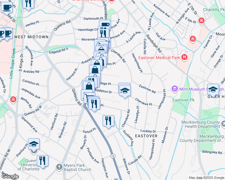 map of restaurants, bars, coffee shops, grocery stores, and more near 216 Middleton Drive in Charlotte
