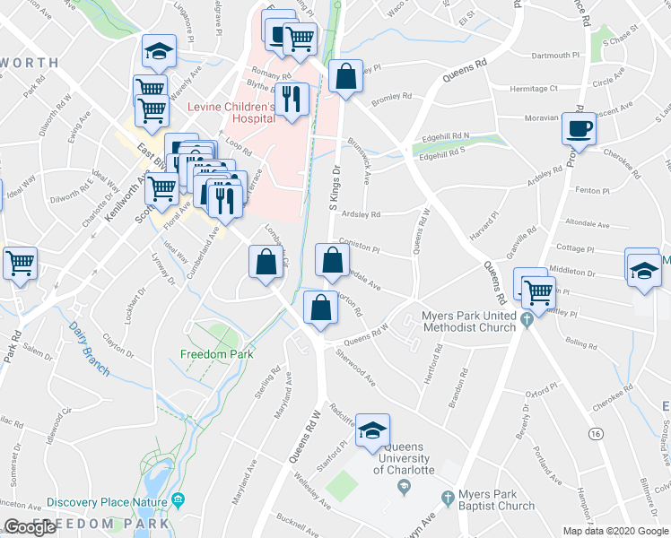 map of restaurants, bars, coffee shops, grocery stores, and more near 1311 South Kings Drive in Charlotte