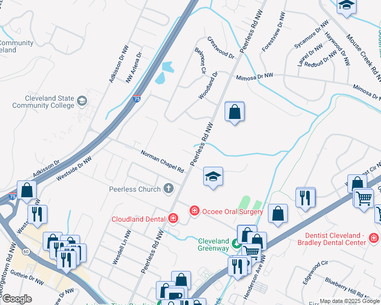 map of restaurants, bars, coffee shops, grocery stores, and more near 3413 Peerless Road Northwest in Cleveland