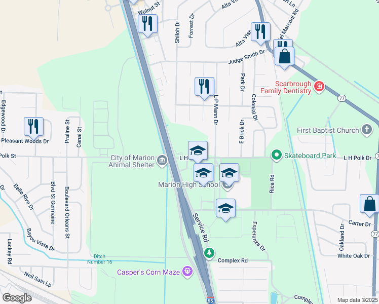 map of restaurants, bars, coffee shops, grocery stores, and more near 100 L H Polk Drive in Marion