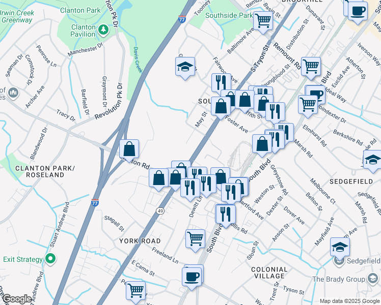 map of restaurants, bars, coffee shops, grocery stores, and more near 3251 S Tryon St in Charlotte