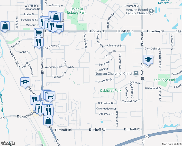 map of restaurants, bars, coffee shops, grocery stores, and more near 1616 Oakcliff Road in Norman