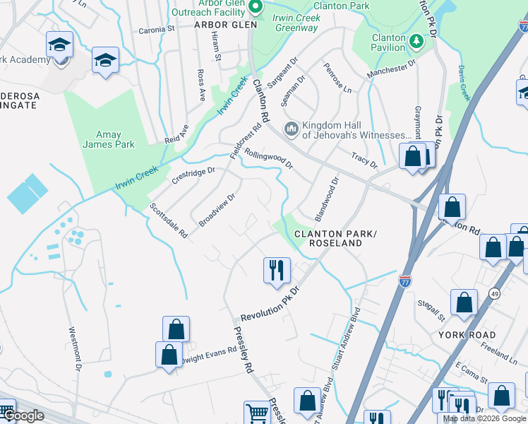 map of restaurants, bars, coffee shops, grocery stores, and more near 1025 Brianna Way in Charlotte