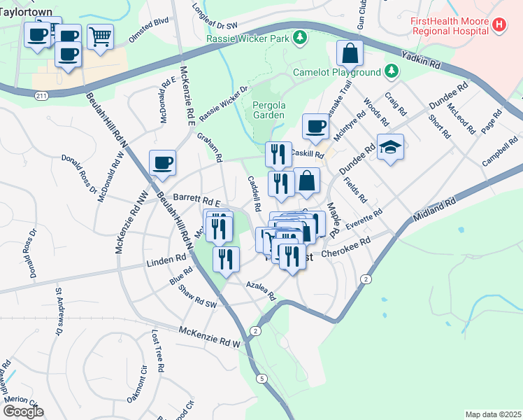 map of restaurants, bars, coffee shops, grocery stores, and more near 30 Caddell Road in Pinehurst