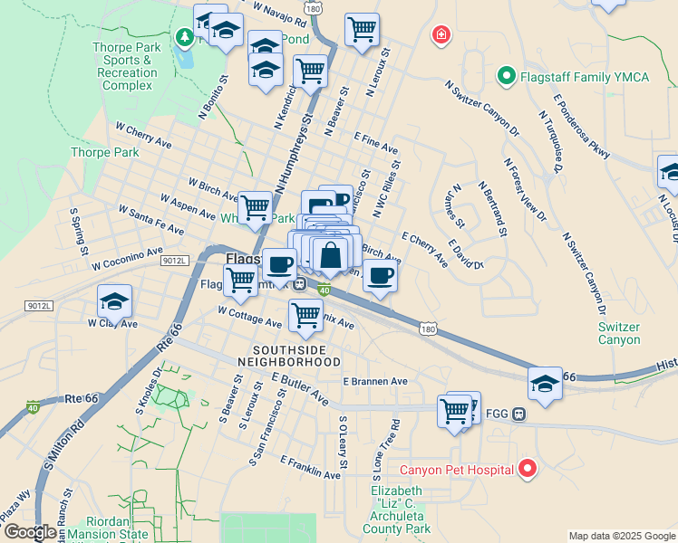 map of restaurants, bars, coffee shops, grocery stores, and more near 24 North San Francisco Street in Flagstaff