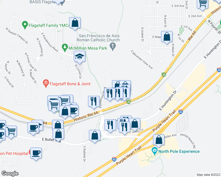 map of restaurants, bars, coffee shops, grocery stores, and more near 1760 East Route 66 in Flagstaff