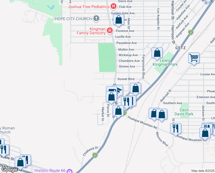 map of restaurants, bars, coffee shops, grocery stores, and more near 1714 Arlington St in Kingman