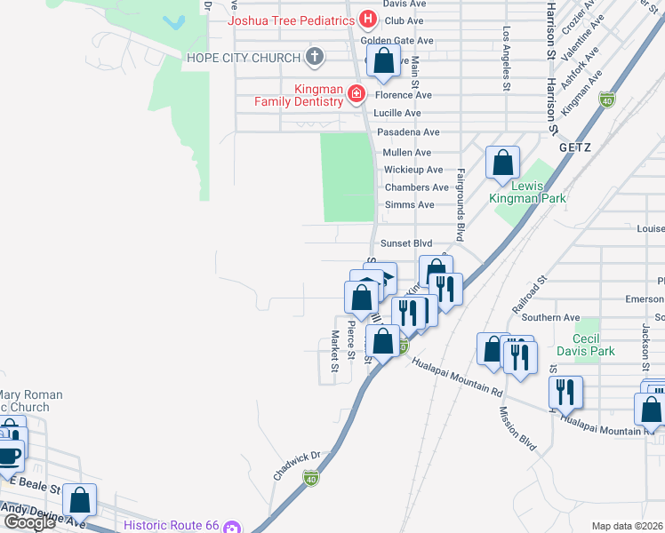 map of restaurants, bars, coffee shops, grocery stores, and more near 1616 Arlington Street in Kingman