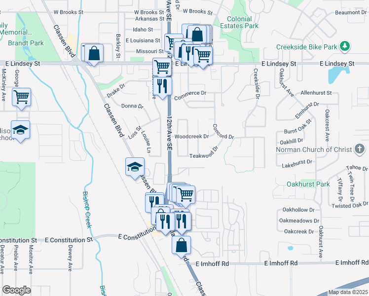 map of restaurants, bars, coffee shops, grocery stores, and more near 1724 Sumac Drive in Norman