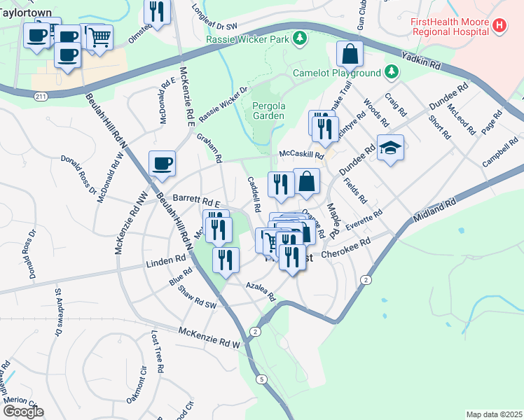 map of restaurants, bars, coffee shops, grocery stores, and more near 30 Caddell Road in Pinehurst