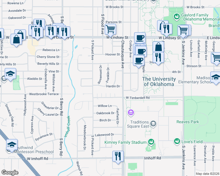map of restaurants, bars, coffee shops, grocery stores, and more near 810 Hardin Drive in Norman