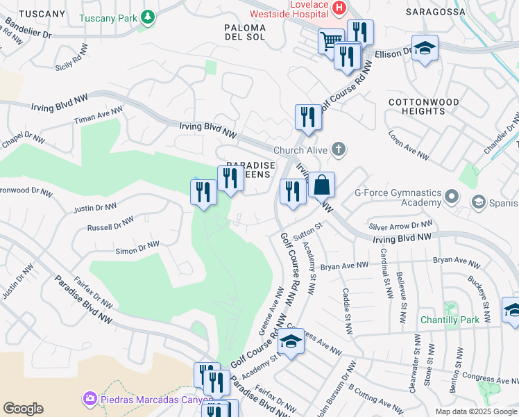 map of restaurants, bars, coffee shops, grocery stores, and more near 4709 Country Club Lane Northwest in Albuquerque