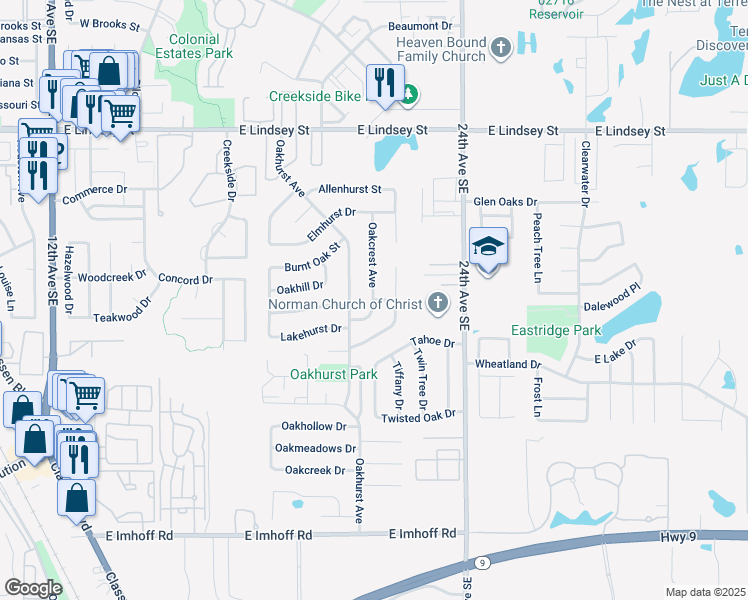 map of restaurants, bars, coffee shops, grocery stores, and more near 1601 Oakview Drive in Norman