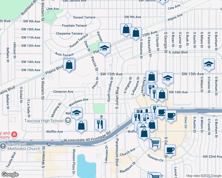 map of restaurants, bars, coffee shops, grocery stores, and more near 1523 South Carolina Street in Amarillo