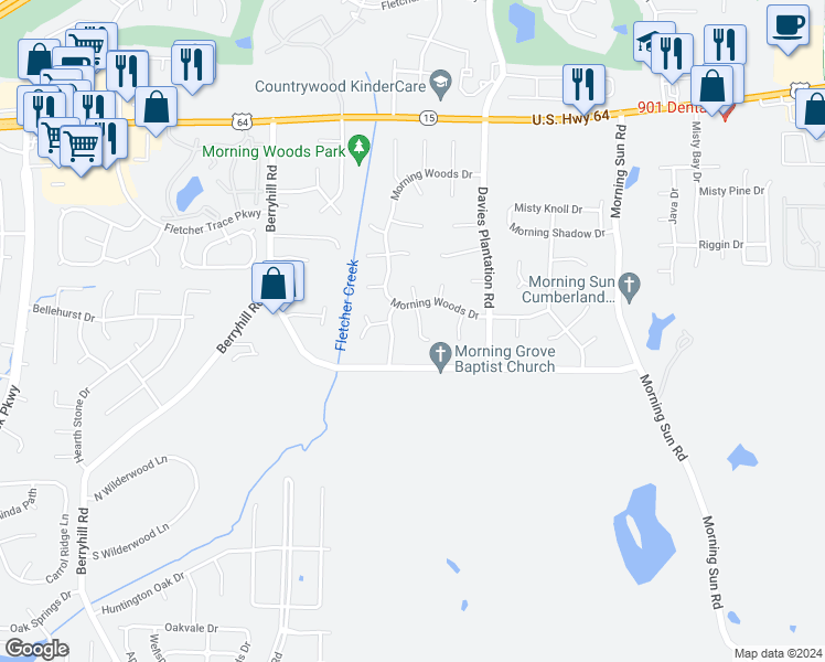 map of restaurants, bars, coffee shops, grocery stores, and more near 2651 Misty Woods Cove South in Memphis
