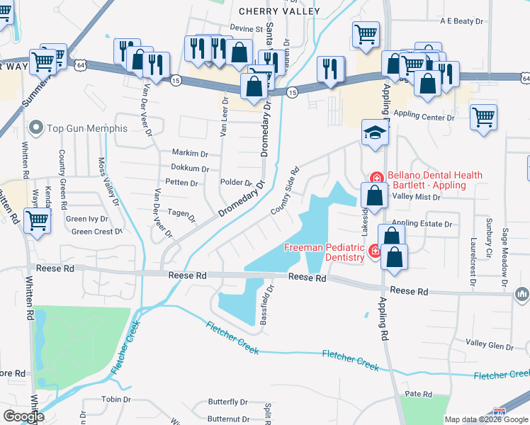 map of restaurants, bars, coffee shops, grocery stores, and more near 2634 Sleepy Bend Cove in Memphis