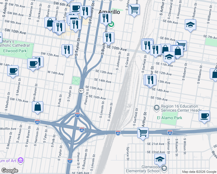 map of restaurants, bars, coffee shops, grocery stores, and more near 601-699 East 15th Avenue in Amarillo