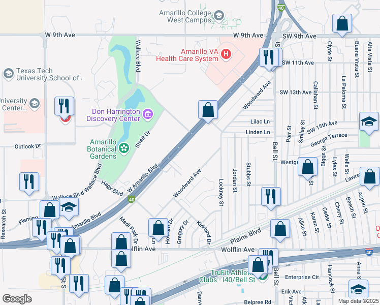 map of restaurants, bars, coffee shops, grocery stores, and more near 6666 West Amarillo Boulevard in Amarillo
