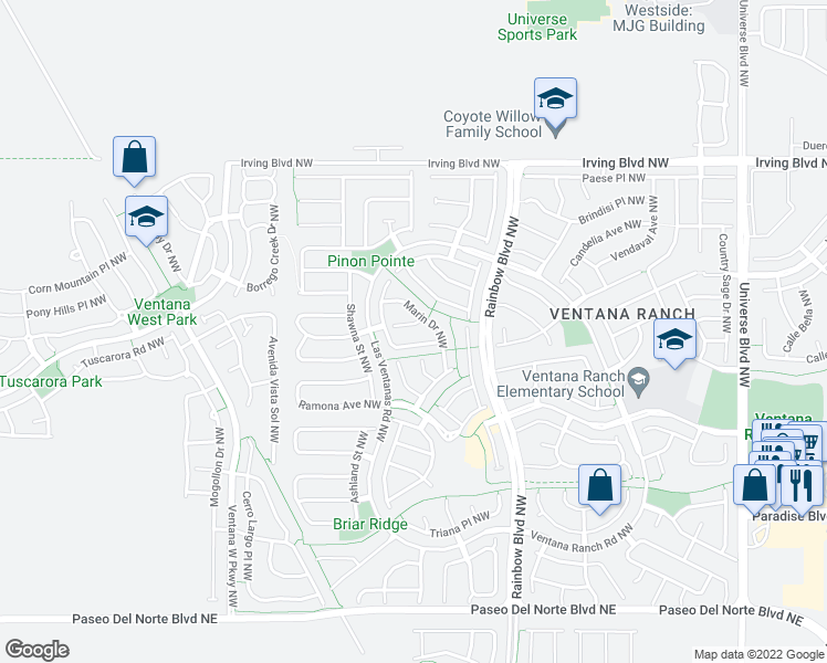 map of restaurants, bars, coffee shops, grocery stores, and more near 7409 Silverthorne Road Northwest in Albuquerque