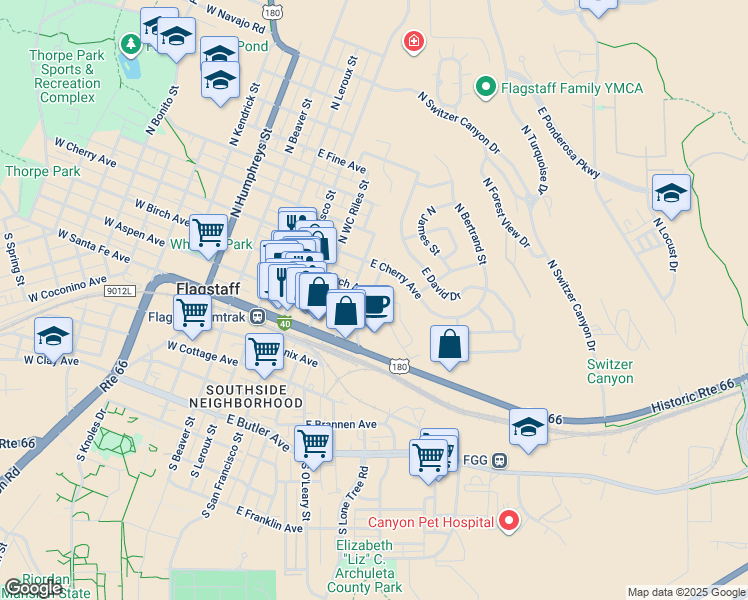 map of restaurants, bars, coffee shops, grocery stores, and more near 118 East Terrace Avenue in Flagstaff