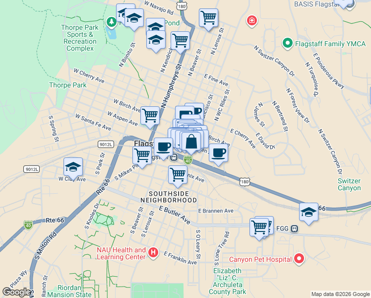 map of restaurants, bars, coffee shops, grocery stores, and more near 24 North San Francisco Street in Flagstaff