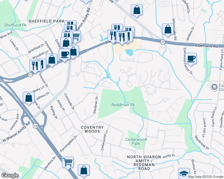 map of restaurants, bars, coffee shops, grocery stores, and more near 5859 Amity Springs Drive in Charlotte