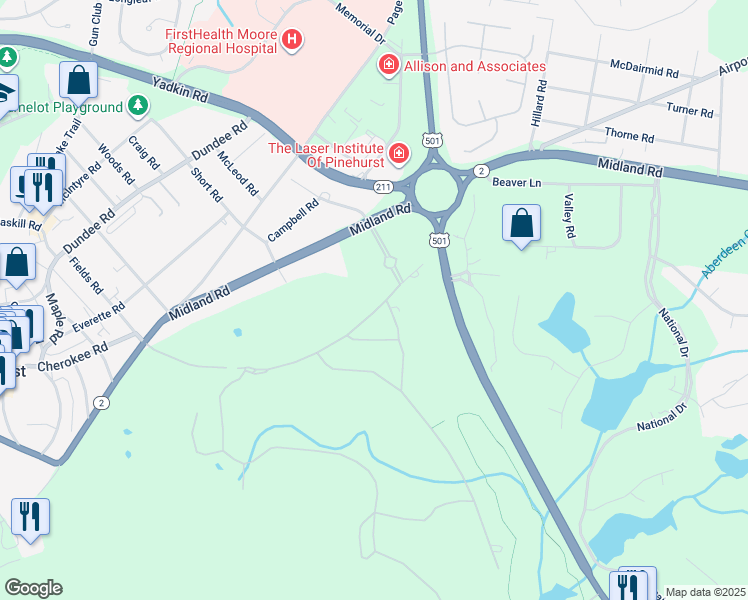 map of restaurants, bars, coffee shops, grocery stores, and more near 30 Brookhaven Road in Pinehurst