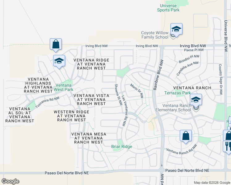 map of restaurants, bars, coffee shops, grocery stores, and more near 7504 Prairie Falcon Avenue Northwest in Albuquerque