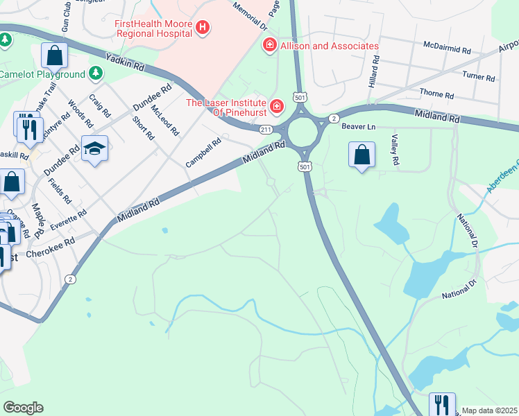 map of restaurants, bars, coffee shops, grocery stores, and more near 30 Brookhaven Road in Pinehurst