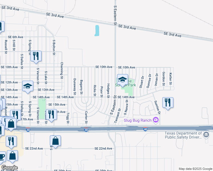 map of restaurants, bars, coffee shops, grocery stores, and more near 1037 Pryor Street in Amarillo