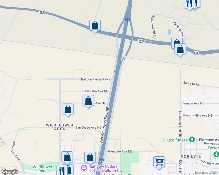 map of restaurants, bars, coffee shops, grocery stores, and more near Pasadena Avenue in Albuquerque
