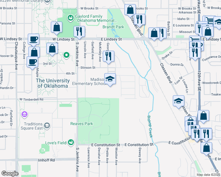 map of restaurants, bars, coffee shops, grocery stores, and more near 500 James Drive in Norman