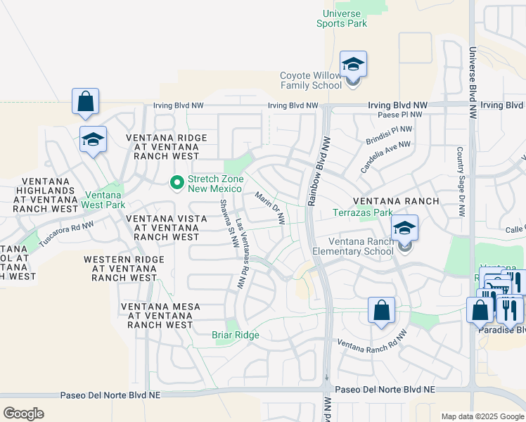 map of restaurants, bars, coffee shops, grocery stores, and more near 7412 Carbondale Court Northwest in Albuquerque