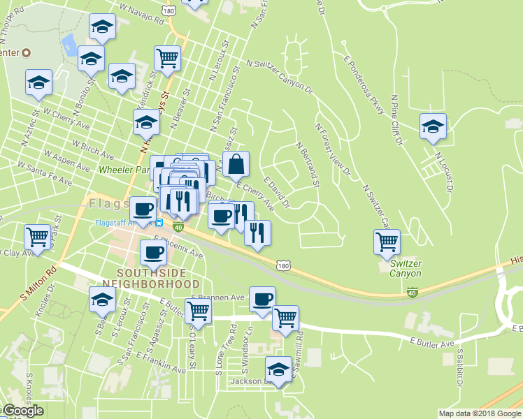 map of restaurants, bars, coffee shops, grocery stores, and more near 428 East Birch Avenue in Flagstaff